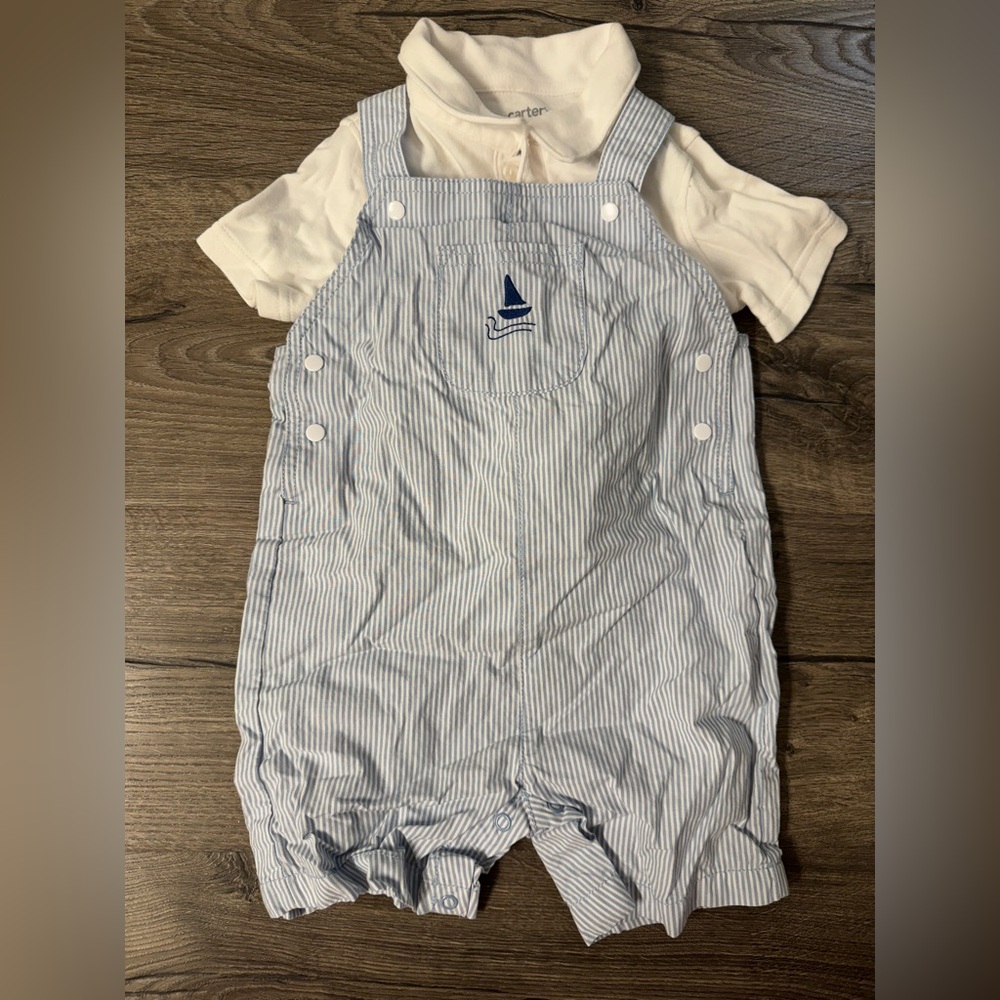 Striped Baby Overalls with Sailboat Embroidery